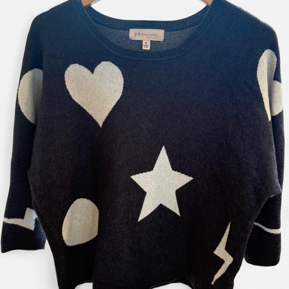 Philosophy Charcoal Gray Sweater with Cream Hearts and Stars